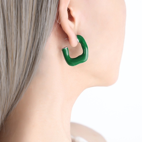 Waterproof Green Square Hoop Earrings*Chunky Hoops*Minimalist*Ml - Picture 1 of 6